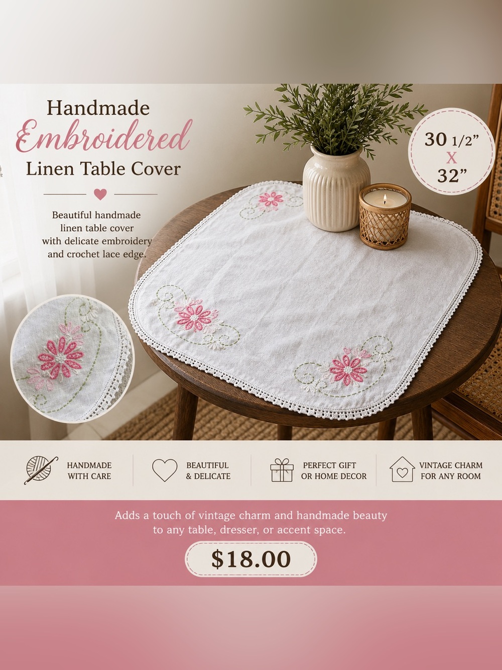 Handmade White Embroidered Table Cover 30.5” x 32” Pink Floral Crochet Trim